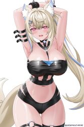 Rule 34 | 1girl, animal ear fluff, animal ears, armpits, arms up, bikini, black bikini, blonde hair, blue hair, blush, bound, breasts, chain, chained, chained wrists, cleavage, commentary, cowboy shot, dog ears, dog girl, dog tail, english commentary, fuwawa abyssgard, fuwawa abyssgard (holonatsu paradise), grey background, high ponytail, highres, hololive, hololive english, holonatsu paradise, large breasts, multicolored hair, pink eyes, ponytail, restrained, seraphim throne, simple background, solo, streaked hair, swimsuit, tail, two-tone hair, virtual youtuber