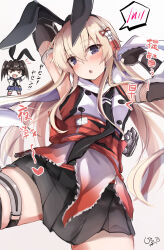 1girl 2girls animal_ears arm_behind_head armpits arms_up bare_shoulders black_gloves black_hairband black_neckerchief black_ribbon black_skirt blonde_hair blue_eyes blue_skirt blush breasts buttons commentary_request cosplay costume_switch double-breasted dress elbow_gloves giraffe_(ilconte) gloves hair_between_eyes hair_ribbon hairband highres kantai_collection long_hair looking_at_viewer miniskirt multiple_girls neckerchief pleated_skirt rabbit_ears red_dress ribbon school_uniform sendai_(kancolle) sendai_(kancolle)_(cosplay) sendai_kai_ni_(kancolle) serafuku shimakaze_(kancolle) shimakaze_(kancolle)_(cosplay) skirt sleeveless sleeveless_dress small_breasts solo_focus spoken_blush spread_legs translation_request very_long_hair