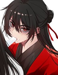 Rule 34 | 2boys, bags under eyes, black hair, black hanfu, blush, chinese clothes, chinese commentary, coat, dao gui yi xian, eating, eyelashes, food, food in mouth, hair between eyes, hair bun, hair ribbon, half updo, hanfu, highres, implied yaoi, li huowang, long hair, looking at viewer, male focus, moxiaobingbuxiao, multiple boys, popsicle, popsicle in mouth, red coat, red eyes, red ribbon, ribbon, sexually suggestive, simple background, single hair bun, solo focus, sweat, upper body, white background, zhuge yuan