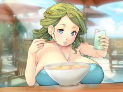 1girl bikini blue_bikini blue_eyes blush bowl breasts cellphone chair chopsticks cleavage day earrings female_focus food green_hair green_nails holding holding_phone huge_breasts jewelry medium_hair nail_polish original outdoors parasol parted_lips phone sitting sky solo soup swimsuit table umbrella upper_body yoko_juusuke