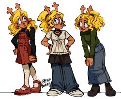 1girl alternate_costume alternate_hairstyle antlers artist_name black_dress black_footwear black_shirt blonde_hair commentary deer_girl deltarune denim denim_skirt dress earrings english_commentary fever_el_cacas front-tie_top green_sweater hand_on_own_hip hands_on_own_hips horns jewelry leaning_forward long_skirt mary_janes multiple_views noelle_holiday overalls pants pants_under_dress polka_dot_pantyhose ponytail red_footwear red_overalls shirt shoes skirt sweater turtleneck turtleneck_sweater white_background white_footwear white_shirt