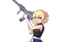 1girl absurdres black_shirt blonde_hair blush breasts fang fixer_(xfsl45hm4u5wkw4) green_eyes gun half_updo highres holding holding_gun holding_weapon looking_at_viewer medium_breasts mizuhashi_parsee nose_blush open_mouth pointy_ears ponytail rifle shirt short_hair short_ponytail simple_background skin_fang sleeveless sleeveless_shirt smile solo touhou upper_body weapon white_background