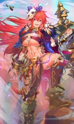 1girl absurdres breasts highres large_breasts long_hair navel official_art purple_eyes queen&#039;s_blade queen&#039;s_blade_limit_break red_hair revealing_clothes risty_(queen&#039;s_blade) solo underboob