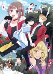 3girls 5boys :d alice&#039;s_adventures_in_wonderland alice_(alice_in_wonderland) alice_(alice_in_wonderland)_(cosplay) apron ascot black_hair black_pants black_shoes black_suit blonde_hair blue_dress brown_eyes brown_hair busu_ni_hanataba_wo. card_soldier character_request cosplay crossed_arms dress formal_clothes gloves gotanda_tetsuo grey_suit highres holding holding_hands holding_tray multiple_boys multiple_girls mushroom open_mouth painting_(action) pants red_shirt sakura_roku shinbashi_tsutomu shirt shoes smile suit tabata_hana tiered_tray tray tree two-tone_vest ueno_yousuke uguisudani_sumire white_gloves