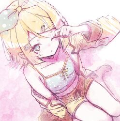 absurdres alternate_costume aqua_eyes arm_up blonde_hair blue_bow blue_tank_top bow bowtie breasts coat collarbone eyes_visible_through_hair feet hair_ornament hairclip halka highres kagamine_rin medium_hair midriff muted_color navel off_shoulder one_eye_closed pale_color polka_dot polka_dot_bow polka_dot_shirt rubbing_eyes shirt shorts single_bare_shoulder single_off_shoulder small_breasts tank_top thighs vocaloid watercolor_effect yellow_bow yellow_bowtie yellow_coat yellow_shorts