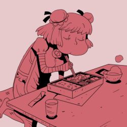 1girl bandaged_arm bandages bento bun_cover chopsticks closed_eyes closed_mouth commentary_request cup double_bun eating food full_body hair_bun holding holding_chopsticks ibaraki_kasen monochrome onikobe_rin red_theme shirt short_hair short_sleeves simple_background skirt solo soup tabard table touhou yunomi