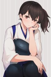 Rule 34 | 1girl, brown eyes, brown hair, commentary request, head on hand, head rest, highres, japanese clothes, kaga (kancolle), kantai collection, kasumi (skchkko), kimono, long hair, muneate, side ponytail, simple background, solo, squatting, white kimono, wide sleeves