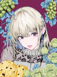 1girl blonde_hair brown_eyes dress earrings flower food fruit grapes grey_dress highres jewelry looking_at_viewer nikoru333 original parted_lips rose see-through_clothes see-through_sleeves solo upper_body