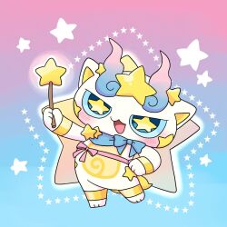 animal_ears blue_background blush gradient_background highres holding holding_wand kirakoma looking_at_viewer no_humans open_mouth pink_background star-shaped_pupils star_(symbol) star_wand symbol-shaped_pupils two-tone_background wand white_fur youkai_(youkai_watch) youkai_700 youkai_watch