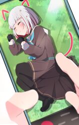 2girls absurdres black_choker black_gloves black_pantyhose black_shoes blue_neckerchief bob_cut cellphone choker clenched_hands colored_inner_hair commentary diagonal_bangs drawing_(action) drawn_ears drawn_tail dress full_body gloves grey_hair hair_ornament hasu_no_sora_school_uniform highres holding holding_phone inverted_bob kametora_(kametora02) link!_like!_love_live! long_sleeves love_live! lying medium_dress multicolored_hair multiple_girls neckerchief on_side pantyhose paw_pose phone pleated_dress red_hair sailor_collar sailor_dress school_uniform shoes short_hair sleeping smartphone solo_focus star_(symbol) star_hair_ornament streaked_hair viewer_holding_phone virtual_youtuber white_sailor_collar winter_uniform yugiri_tsuzuri