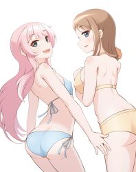 2girls ass bang_dream! bang_dream!_it&#039;s_mygo!!!!! bikini blue_bikini blue_eyes breasts brown_hair butt_crack chihaya_anon commentary covered_erect_nipples fang from_behind grey_eyes highres jiwon_(sj1) large_breasts long_hair multiple_girls nagasaki_soyo open_mouth pink_hair sidelocks simple_background small_breasts swimsuit teeth upper_teeth_only white_background yellow_bikini