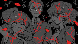 Rule 34 | 1boy, 2girls, :d, ^ ^, arm up, black background, blunt bangs, breasts, closed eyes, collared shirt, commentary request, dayu (4kumauo), glasses, greyscale, highres, jacket, kumazaki karen, kurachi terumi, long hair, medium hair, monochrome, multiple girls, open clothes, open jacket, open mouth, ponytail, saibou shinkyoku, semi-rimless eyewear, shirt, small breasts, smile, spot color, yanagi nina
