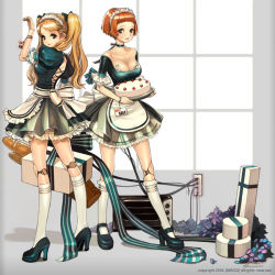 2006 2girls android arm_up blonde_hair blunt_bangs breasts cake cleavage food high_heels kneehighs large_breasts long_hair maggi maid mannequin medium_breasts multiple_girls pastry red_hair robot see-through_clothes shoes short_hair socks standing twintails