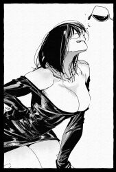 1girl :p bandaid_on_thigh black_border border breasts cleavage cup dress drinking_glass hachinuki_tetsuyo hair_between_eyes hand_on_own_hip hand_on_own_thigh jimiko jitome large_breasts looking_up medium_hair mob_face original she_(hachinuki_tetsuyo) short_dress simple_background solo tongue tongue_out white_background wine_glass
