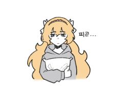 Rule 34 | 1girl, bags under eyes, closed mouth, grey eyes, grey hoodie, holding, holding pillow, hood, hoodie, ishmael (project moon), korean text, limbus company, long hair, looking to the side, orange hair, pillow, project moon, sidelocks, simple background, solo, translation request, very long hair, white background, yongsa (ishmaelenjoyer)