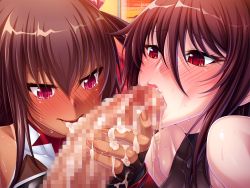 00s 1boy 2girls aoi_nagisa_(metalder) black_lilith blush brown_hair censored cooperative_fellatio cum cum_in_mouth cum_on_body cum_on_upper_body disembodied_penis fellatio ffm_threesome fingerless_gloves game_cg gloves group_sex hetero incest long_hair mature_female mizuki_shiranui mizuki_yukikaze mosaic_censoring mother_and_daughter multiple_girls oral oyakodon_(sex) penis red_eyes sweat taimanin_(series) taimanin_asagi taimanin_yukikaze teamwork_(sexual) tears threesome tongue twintails