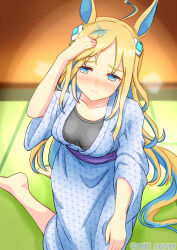 1girl ahoge alternate_costume animal_ears blonde_hair blue_eyes blue_hair blue_kimono blush breasts colored_inner_hair commentary_request ear_ornament highres horse_ears horse_girl horse_tail indoors japanese_clothes kimono long_hair long_sleeves medium_breasts multicolored_hair neo_universe_(umamusume) on_ground seki_(hyokosho) smile solo streaked_hair tail tatami twitter_username umamusume very_long_hair wide_sleeves