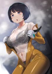 1girl absurdres black_bra black_hair black_panties blue_eyes blush_stickers bob_cut bodysuit bra bra_visible_through_clothes breasts commentary_request gundam gundam_gquuuuuux highres large_breasts mecha_pilot_suit midriff navel normal_suit_(gundam) open_mouth opened_by_self orange_bodysuit panties panty_peek see-through_clothes see-through_shirt shiiko_sugai shirt short_hair simple_background solo sweat sweaty_clothes underwear wa_(genryusui) white_shirt