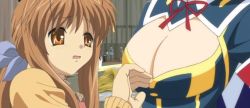 Rule 34 | 2girls, age difference, blue hair, breasts, brown eyes, brown hair, crossover, furukawa sanae, hand on own chest, kurokami medaka, long hair, looking back, mature female, multiple girls, scared, third-party edit