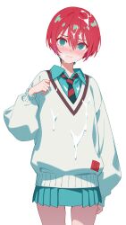 1girl @_@ absurdres amate_yuzuriha arasaka_inu blush bob_cut closed_mouth collared_shirt commentary cowboy_shot cum cum_on_body cum_on_clothes cum_on_hair facial green_eyes green_skirt grey_sweater gundam gundam_gquuuuuux highres long_sleeves looking_at_viewer necktie pleated_skirt red_hair school_uniform shirt short_hair simple_background skirt solo striped_necktie sweater symbol-only_commentary wavy_mouth white_background