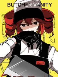 1girl apron black_apron black_eyes black_gloves black_hat blood bloody_weapon butcher_vanity_(synthesizer_v) cleaver collared_shirt crossed_bangs drill_hair gloves hair_between_eyes hat highres holding holding_cleaver kasane_teto knife long_sleeves open_mouth ramie_li red_hair red_pupils shaded_face shirt simple_background smile solo song_name twin_drills two-tone_hat utau weapon white_hat white_shirt wiping_face wiping_mouth yellow_background