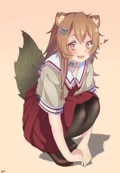 1girl :d animal_ear_fluff animal_ears belt black_belt black_pantyhose blush boots brown_background brown_boots brown_hair brown_shirt child collar collarbone commentary_request eyelashes flat_chest full_body hair_ornament hairclip heart highres kawadancho long_hair looking_at_viewer mary_janes metal_collar open_mouth pantyhose raccoon_ears raccoon_girl raccoon_tail raphtalia red_eyes red_sailor_collar red_skirt sailor_collar school_uniform serafuku shadow shield_hair_ornament shirt shoes short_sleeves signature simple_background skirt smile solo squatting tail tate_no_yuusha_no_nariagari teeth