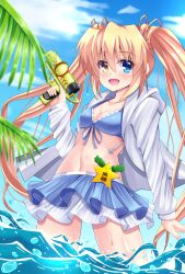 Rule 34 | 1girl, :d, alternate costume, arm at side, bikini, blonde hair, blue bikini, blue eyes, blush, breasts, cleavage, collarbone, commentary request, cowboy shot, day, eyes visible through hair, floating hair, frilled bikini, frills, front-tie bikini top, front-tie top, hair between eyes, hand up, happy, heterochromia, highres, holding, holding water gun, hood, hooded jacket, jacket, long hair, long sleeves, looking at viewer, minatoto, nakatsu shizuru, navel, open clothes, open jacket, open mouth, outdoors, palm leaf, rewrite, sidelocks, small breasts, smile, solo, star (symbol), stomach, swimsuit, translation request, twintails, very long hair, wading, water, water gun, wet, white jacket, yellow eyes