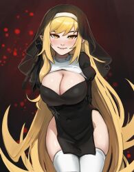 1girl black_dress black_veil blonde_hair breasts cleavage covered_navel dress hair_ribbon highres kiss-shot_acerola-orion_heart-under-blade kizumonogatari large_breasts long_hair long_sleeves looking_at_viewer monogatari_(series) nun oshino_shinobu pointy_ears ribbon ricman_rt smile solo thighhighs vampire veil very_long_hair white_thighhighs yellow_eyes