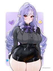 1girl absurdres ahoge alternate_costume arm_at_side arm_behind_back artist_name black_shorts blush bow bowtie breasts buttons center_frills closed_mouth commentary cowboy_shot curvy drill_hair drill_sidelocks frilled_shirt frilled_sleeves frills gem grey_shirt halftone halftone_background harutoyumaarts heart high-waist_shorts highres large_breasts long_hair long_sleeves looking_at_viewer mole mole_under_eye multicolored_hair outline pointy_ears purple_background purple_bow purple_bowtie purple_gemstone purple_hair red_eyes rounded_corners shirt short_shorts shorts side_slit side_slit_shorts sidelocks smile solo standing streaked_hair thick_thighs thighs two-tone_background two-tone_hair very_long_hair vivian_banshee white_background white_hair white_outline zenless_zone_zero