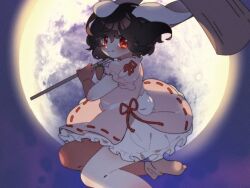 1girl :p animal_ears black_hair closed_mouth dress floppy_ears foot_out_of_frame frilled_dress frilled_sleeves frills full_moon hashtag-only_commentary highres inaba_tewi jumping looking_at_viewer moka_(0w0_mk_0w0) moon petticoat pink_dress puffy_short_sleeves puffy_sleeves purple_sky rabbit_ears rabbit_girl rabbit_tail red_eyes ribbon-trimmed_dress ribbon_trim short_hair short_sleeves sky socks solo tail tongue tongue_out touhou white_socks