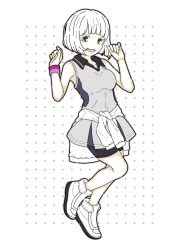 1girl bare_shoulders bike_shorts_under_skirt black_shoes bob_cut breasts clothes_around_waist collarbone commentary dress english_commentary fang full_body green_eyes grey_dress highres jacket jacket_around_waist nonnki open_mouth original polka_dot polka_dot_background shirt shoes short_hair sleeveless sleeveless_shirt solo sportswear tennis_uniform white_hair white_jacket white_shoes