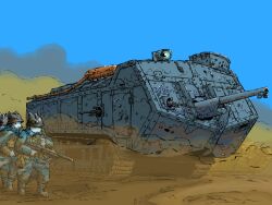 3boys blue_sky cannon caterpillar_tracks chauchat dust dust_cloud furry gun highres holding holding_gun holding_weapon light_machine_gun machine_gun military_vehicle motor_vehicle multiple_boys original saint_chamond sky tank turretless_tank vehicle_focus weapon yabarn