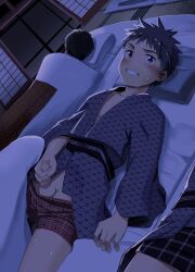 2boys blur_censor blush censored clothes_pull collarbone erection fanbox_reward grinding_teeth highres japanese_clothes kimono looking_at_viewer lying male_masturbation masturbation multiple_boys on_back on_floor open_clothes original paid_reward paid_reward_available penis sleeping sleepover steelwire sweat sweatdrop tatami testicles torax underwear_pull yaoi