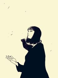 Rule 34 | 1girl, animal, animal on shoulder, black hair, black robe, cat, greyscale, hair bobbles, hair ornament, highres, long hair, long sleeves, monochrome, original, robe, solo, tp p pt, white background