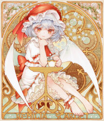 1girl alternate_headwear alternate_wing_color ankle_garter ascot back_bow barefoot bat_wings blue_hair bow character_name closed_mouth commentary_request cup flower flower_request hat headwear_request holding holding_cup light_smile looking_at_viewer marker_(medium) petticoat red_ascot red_bow red_eyes remilia_scarlet s.mamiya shirt short_sleeves skirt sleeve_bow solo teacup toes touhou traditional_media white_flower white_hat white_shirt white_skirt white_wings wings