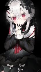 1girl black_background black_bow black_dress blush bow cross_hair_ornament detached_sleeves dress frilled_sleeves frills grey_hair hair_between_eyes hair_bow hair_intakes hair_ornament hairband hairclip hands_up highres long_sleeves looking_at_viewer original parted_lips red_eyes sidelocks silk simple_background solo spider_web tamafurin