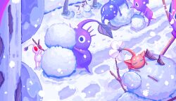 blue_pikmin building_snowman character_snowman highres nintendo no_humans olimar pikmin_(series) pikmin_2 purple_pikmin red_pikmin snow snowing snowman white_pikmin yellow_pikmin yu_pikmin