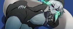 Rule 34 | 1girl, abyssal ship, arm support, backpack, bag, bikini, black bikini, blue background, breasts, colored skin, commentary, english commentary, eye trail, grey skin, grin, hand on own hip, hood, hoodie, kantai collection, light trail, long sleeves, looking at viewer, lying, medium breasts, navel, o-ring, o-ring top, on side, partially unzipped, purple eyes, re-class battleship, scarf, short hair, simple background, smile, solo, striped clothes, striped scarf, swimsuit, tail, that 70s mexi, v-shaped eyebrows, white bag, white hair