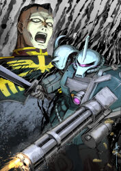Rule 34 | 1boy, commentary request, firing, gatling gun, gouf custom, gundam, gundam 08th ms team, lens flare, machinery, manly, mecha, military uniform, mobile suit, norris packard, one-eyed, radio antenna, robot, science fiction, shinpei (shimpay), shoulder spikes, shouting, signature, sketch, spikes, sword, weapon, zeon