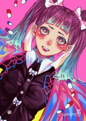 1girl absurdres blush bright_pupils curecatechin highres multicolored_hair nose_blush original pill pink_background solo twintails two-tone_hair white_pupils
