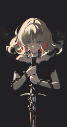 1girl airool bang_dream! bang_dream!_it&#039;s_mygo!!!!! bare_shoulders black_background black_dress brown_hair chain closed_mouth commentary dagger dress english_commentary hair_between_eyes highres holding holding_dagger holding_knife holding_weapon knife looking_at_viewer misumi_uika multicolored_hair off-shoulder_dress off_shoulder purple_eyes red_hair simple_background smile solo two-tone_hair weapon