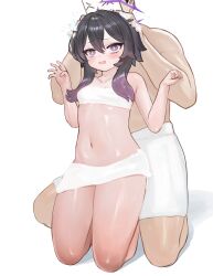 Rule 34 | 1boy, 1girl, absurdres, bare arms, bare shoulders, black hair, blue archive, blush, breasts, collarbone, dokomon, gradient hair, groin, halo, haruka (blue archive), highres, multicolored hair, naked towel, navel, open mouth, purple eyes, purple hair, sensei (blue archive), shadow, simple background, small breasts, soap bubbles, sweat, towel, washing another, wavy mouth, white background