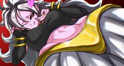 1girl android_21 black_nails black_sclera blush bracelet breasts colored_sclera colored_skin commentary_request crop_top detached_sleeves dragon_ball dragon_ball_fighterz earrings harem_pants heart highres hoop_earrings jewelry large_breasts long_hair looking_at_viewer majin_android_21 midriff navel one_eye_closed pants pink_skin pointy_ears red_eyes smile takundraws tongue tongue_out white_hair