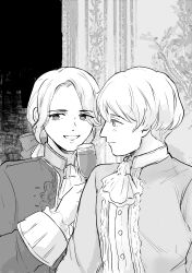 Rule 34 | 2boys, absurdres, alcohol, ascot, axis powers hetalia, blush, bow, buttons, closed mouth, commentary request, cup, drinking glass, formal clothes, france (hetalia), frills, greyscale, hair between eyes, hair bow, hand up, highres, holding, holding cup, jacket, kyouseka, long hair, long sleeves, looking afar, looking at another, low ponytail, male focus, mandarin collar, monochrome, multiple boys, open clothes, open jacket, ponytail, puffy long sleeves, puffy sleeves, russia (hetalia), shirt, short hair, smile, wine, wine glass