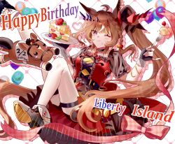 1girl animal_ears braid breasts brown_hair cake commentary_request creature_and_personification food hair_ornament highres horse_ears horse_tail liberty_island_(racehorse) long_hair looking_at_viewer medium_breasts original personification plate red_eyes shoes side_ponytail smile solo tail thighs toumyao_neko