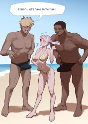 1girl 2boys absurdres barefoot beach beach_nanpa bikini black_clover black_hair blonde_hair blue_sky breasts bulge commentary dark-skinned_male dark_skin day english_commentary english_text erection erection_under_clothes full_body grin hand_on_own_hip hand_up highres large_penis looking_at_another looking_at_penis male_swimwear medium_breasts multiple_boys muscular muscular_male navel noelle_silva outdoors penis penis_awe pink_hair sky smile speech_bubble stomach swim_briefs swimsuit topless_male twintails wide-eyed wjs07