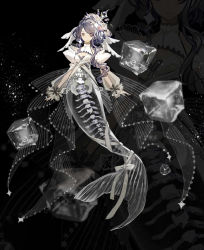 1girl artist_name black_hair bone closed_mouth female_focus highres ice ice_cube juliet_sleeves long_sleeves looking_at_viewer mermaid monster_girl original puffy_sleeves ribbon senryoko signature skeleton solo zoom_layer