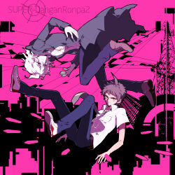 Rule 34 | 2boys, ahoge, blue pants, brown eyes, brown hair, brown necktie, brown shoes, building, bullet, copyright name, danganronpa (series), danganronpa 2: goodbye despair, dress shirt, facing another, grey eyes, grey jacket, high contrast, hinata hajime, jacket, komaeda nagito, liusang, looking at viewer, looking to the side, loose necktie, male focus, midair, multiple boys, necktie, open clothes, open jacket, oversized jacket, pants, pink background, shell casing, shirt, shoes, utility pole, wallet chain, wavy hair, white hair, white shirt, white shoes