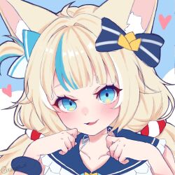 Rule 34 | 1girl, absurdres, ahoge, animal ear fluff, animal ears, blonde hair, blue bow, blue collar, blue eyes, blue hair, blue scrunchie, blush, bow, cat ears, collar, commentary, english commentary, fang, frilled shirt collar, frills, hair bow, heart, highres, indie virtual youtuber, kuzuhaa, lifebuoy hair ornament, long hair, looking at viewer, low twintails, multicolored hair, one side up, open mouth, sameko saba, scrunchie, skin fang, smile, solo, streaked hair, twintails, very long hair, virtual youtuber