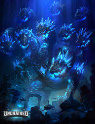 absurdres air_bubble blue_eyes blue_theme bubble card_game copyright_name fantasy glowing glowing_eyes gods_unchained highres hydra kouga_(hipporit) monster no_humans ruins school_of_fish shark underwater